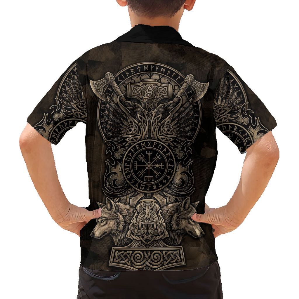 Viking Raven Wolf Vegvisir Kid Hawaiian Shirt Nordic Runic Engraving Style