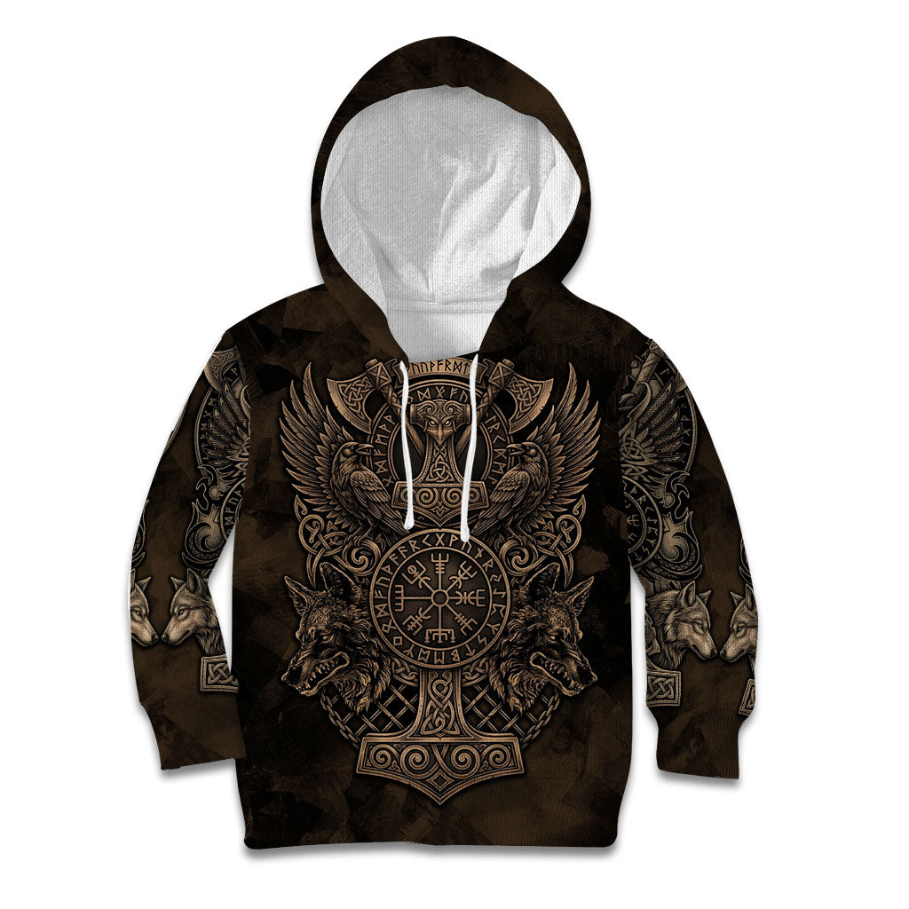 Viking Raven Wolf Vegvisir Kid Hoodie Nordic Runic Engraving Style