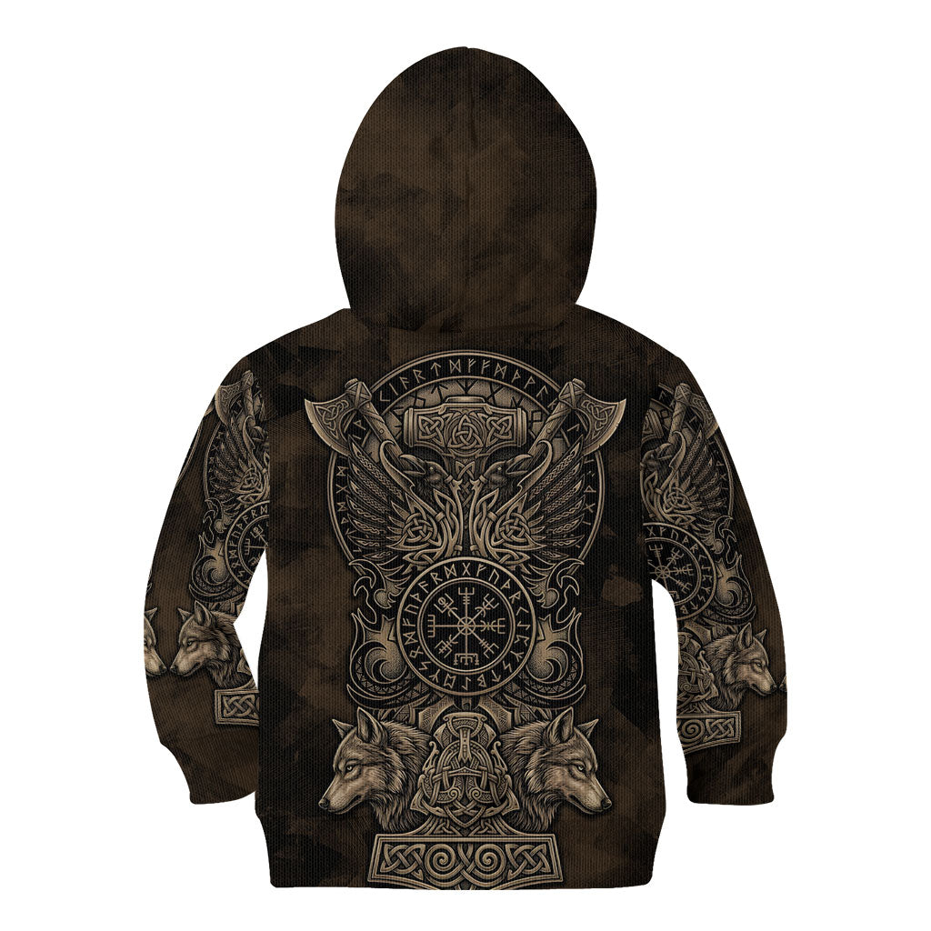 Viking Raven Wolf Vegvisir Kid Hoodie Nordic Runic Engraving Style