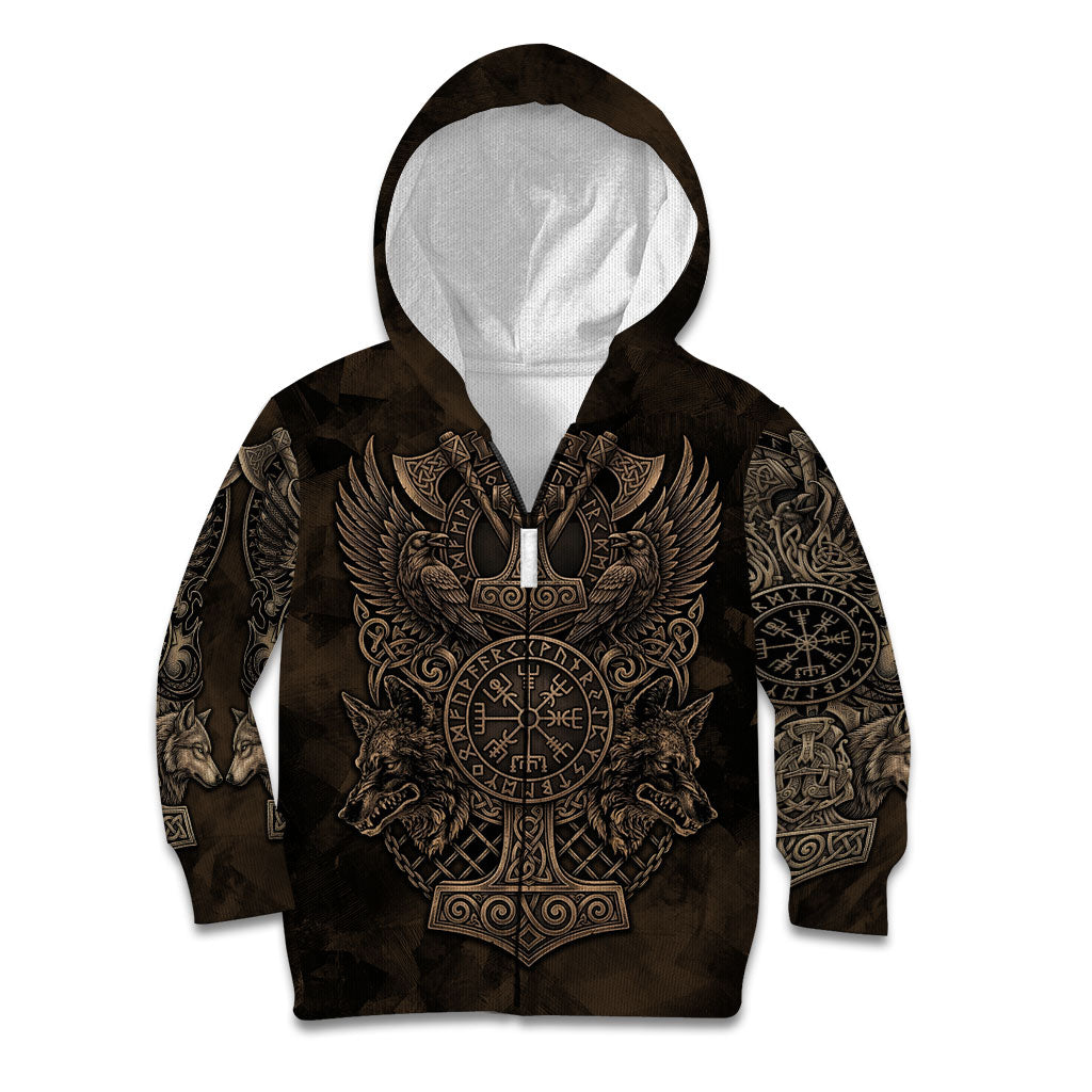 Viking Raven Wolf Vegvisir Kid Hoodie Nordic Runic Engraving Style