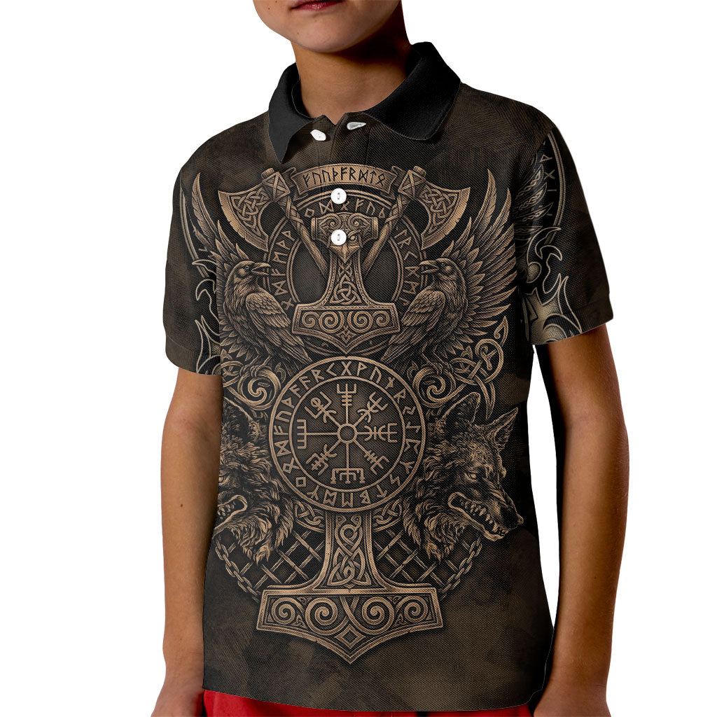 Viking Raven Wolf Vegvisir Kid Polo Shirt Nordic Runic Engraving Style