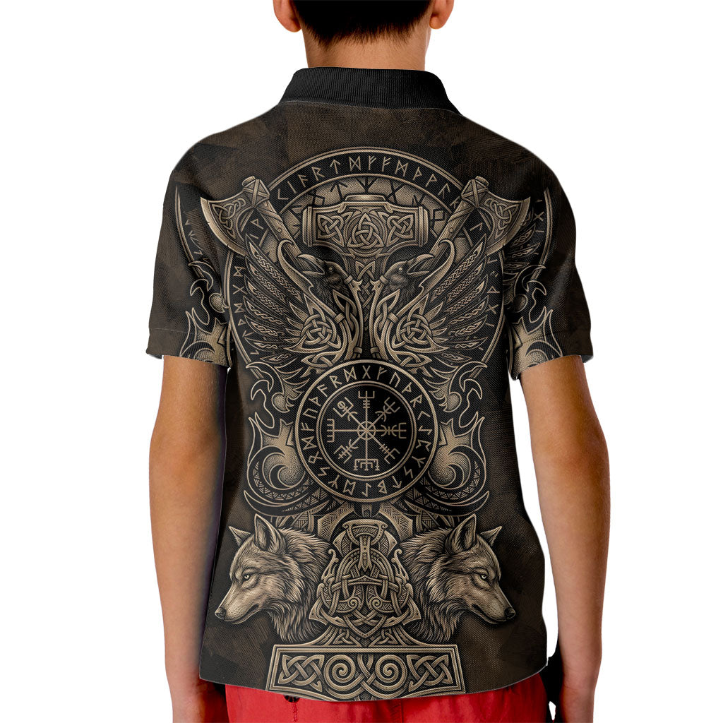 Viking Raven Wolf Vegvisir Kid Polo Shirt Nordic Runic Engraving Style
