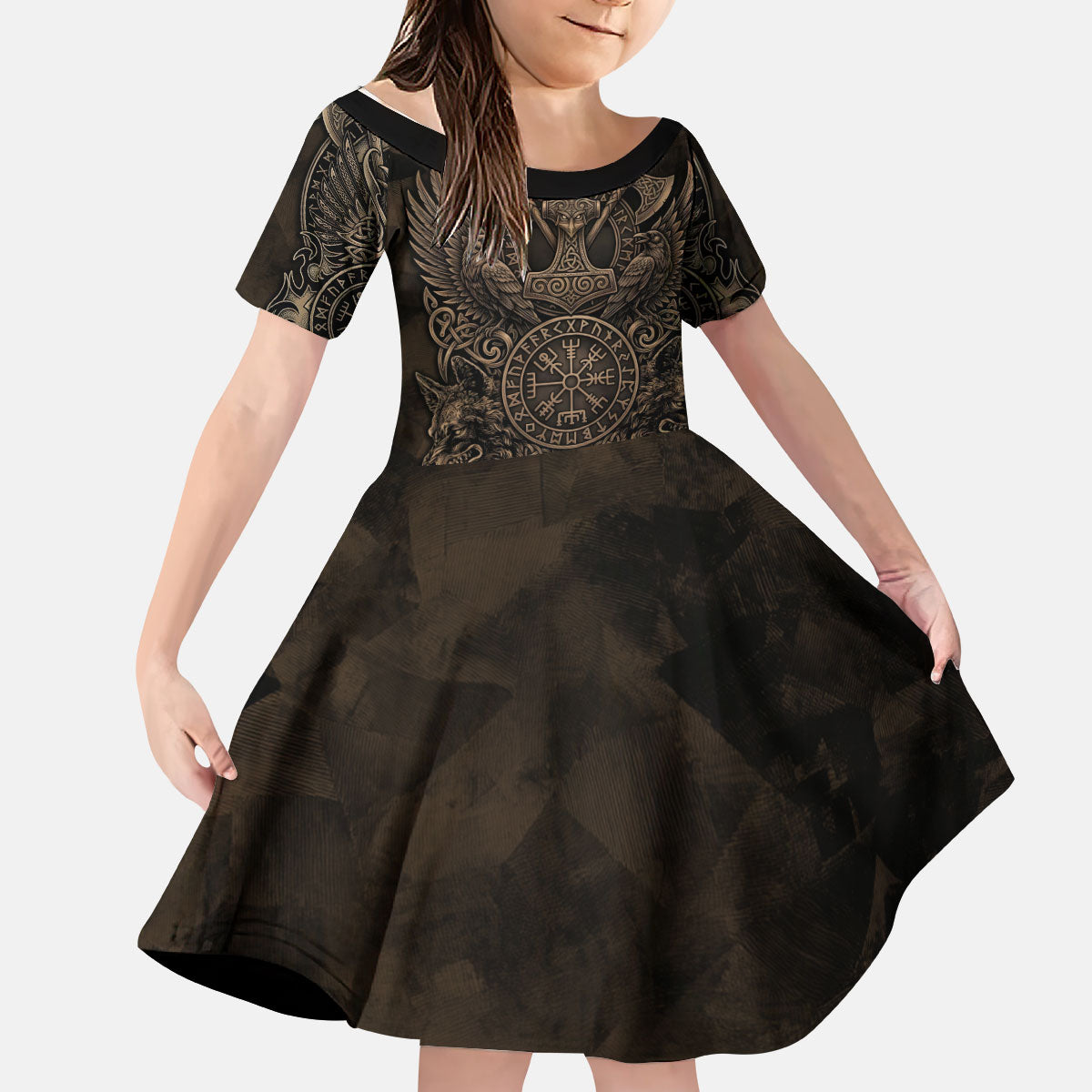 Viking Raven Wolf Vegvisir Kid Short Sleeve Dress Nordic Runic Engraving Style