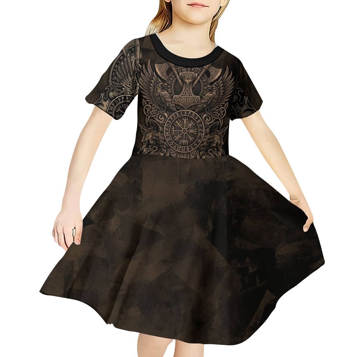 Viking Raven Wolf Vegvisir Kid Short Sleeve Dress Nordic Runic Engraving Style