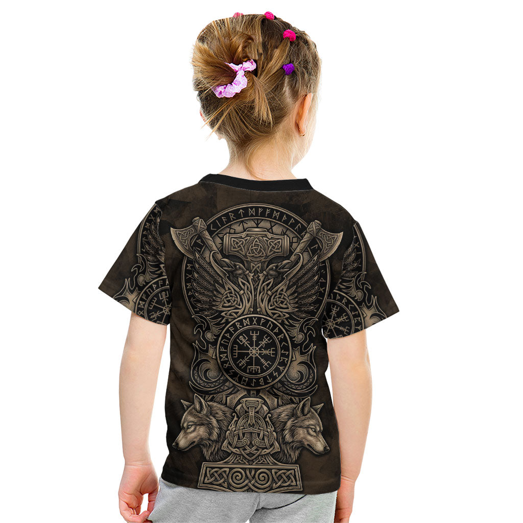 Viking Raven Wolf Vegvisir Kid T Shirt Nordic Runic Engraving Style