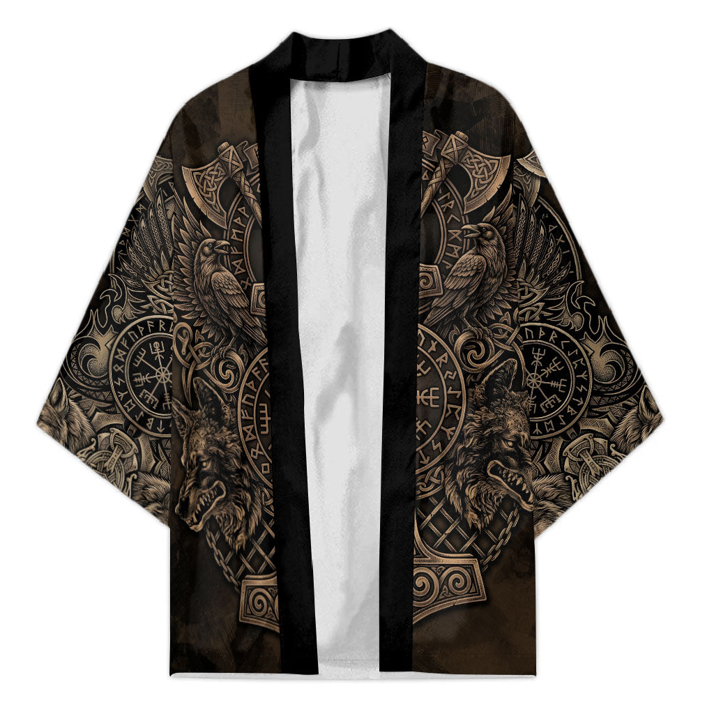 Viking Raven Wolf Vegvisir Kimono Nordic Runic Engraving Style