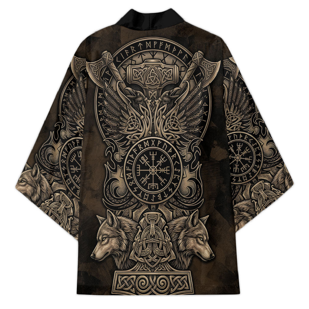 Viking Raven Wolf Vegvisir Kimono Nordic Runic Engraving Style