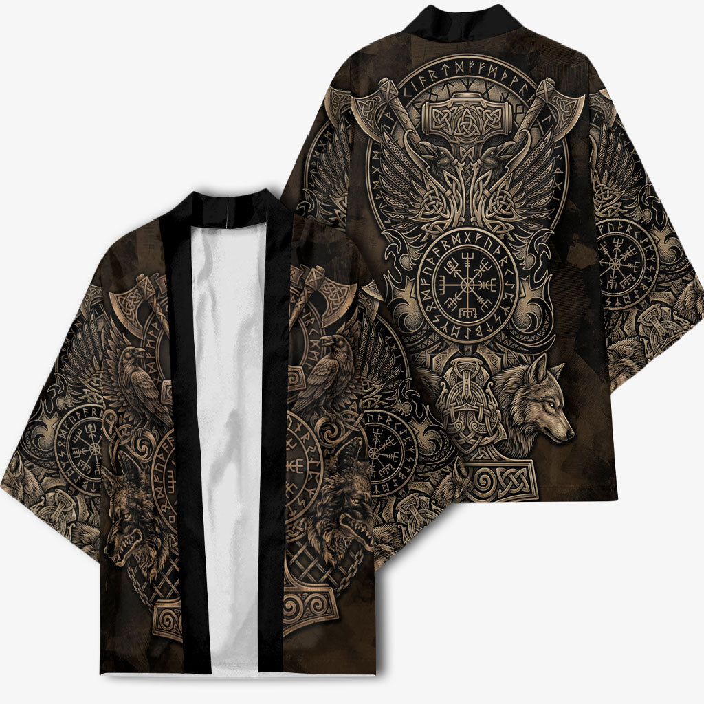 Viking Raven Wolf Vegvisir Kimono Nordic Runic Engraving Style