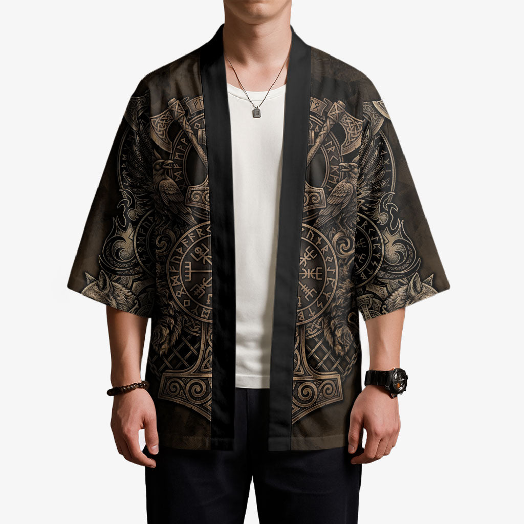 Viking Raven Wolf Vegvisir Kimono Nordic Runic Engraving Style