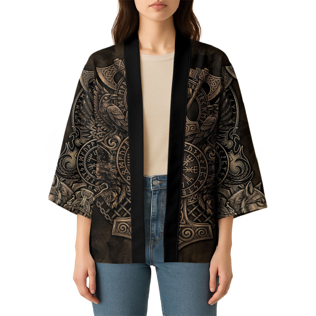 Viking Raven Wolf Vegvisir Kimono Nordic Runic Engraving Style
