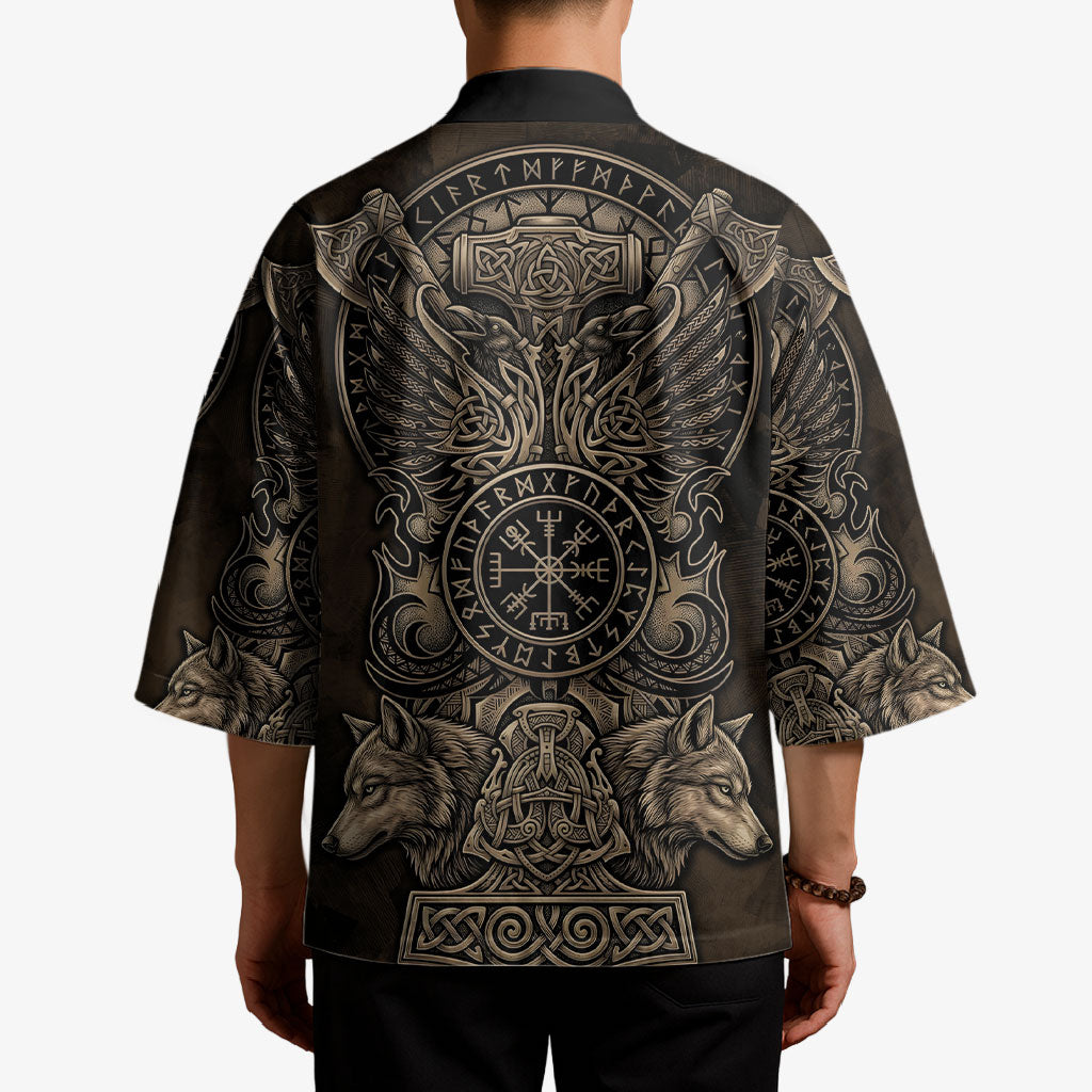 Viking Raven Wolf Vegvisir Kimono Nordic Runic Engraving Style
