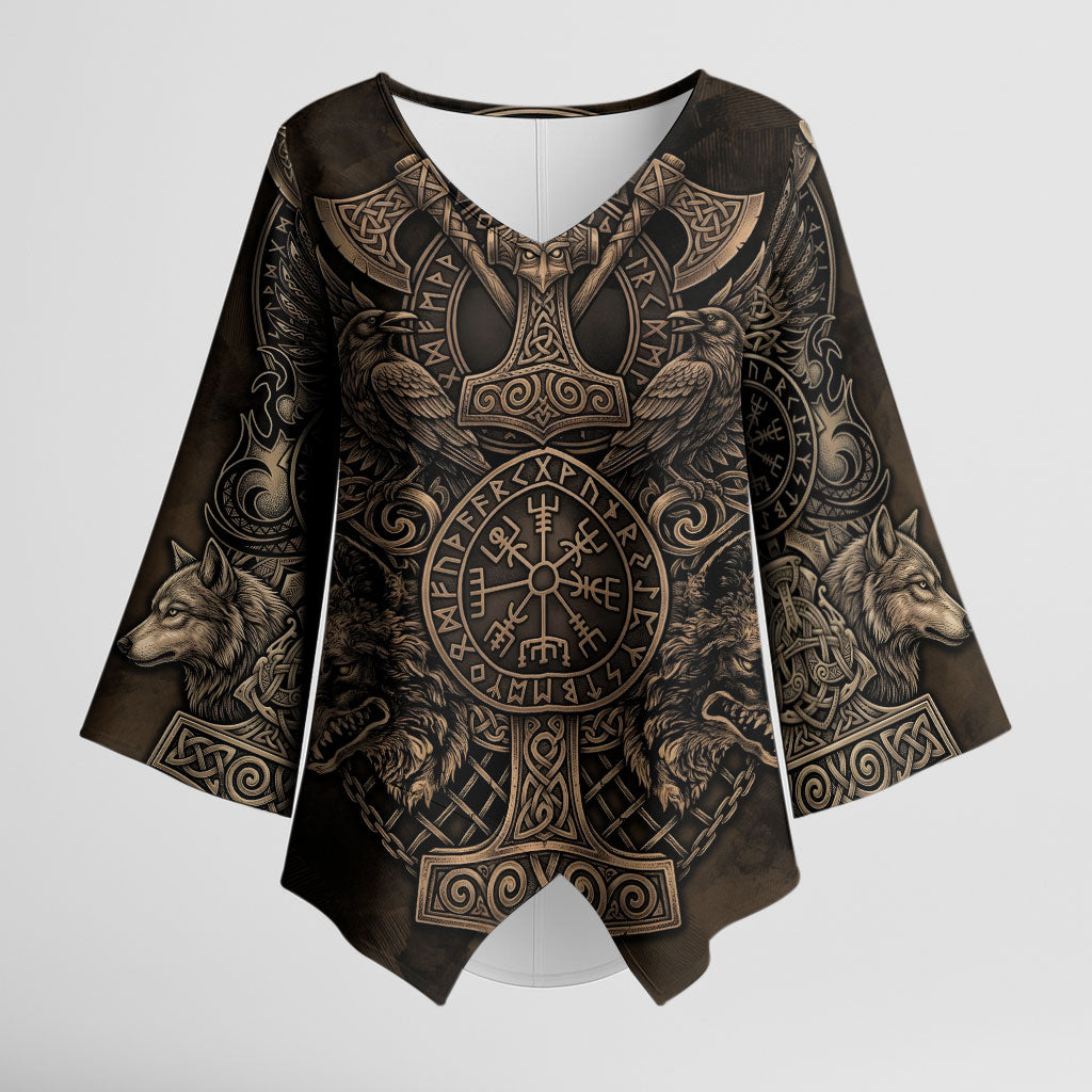 Viking Raven Wolf Vegvisir Kimono Sleeve Blouse Nordic Runic Engraving Style