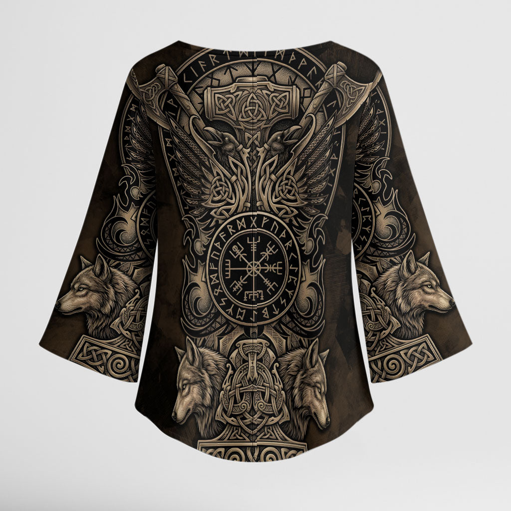 Viking Raven Wolf Vegvisir Kimono Sleeve Blouse Nordic Runic Engraving Style