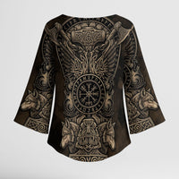 Viking Raven Wolf Vegvisir Kimono Sleeve Blouse Nordic Runic Engraving Style