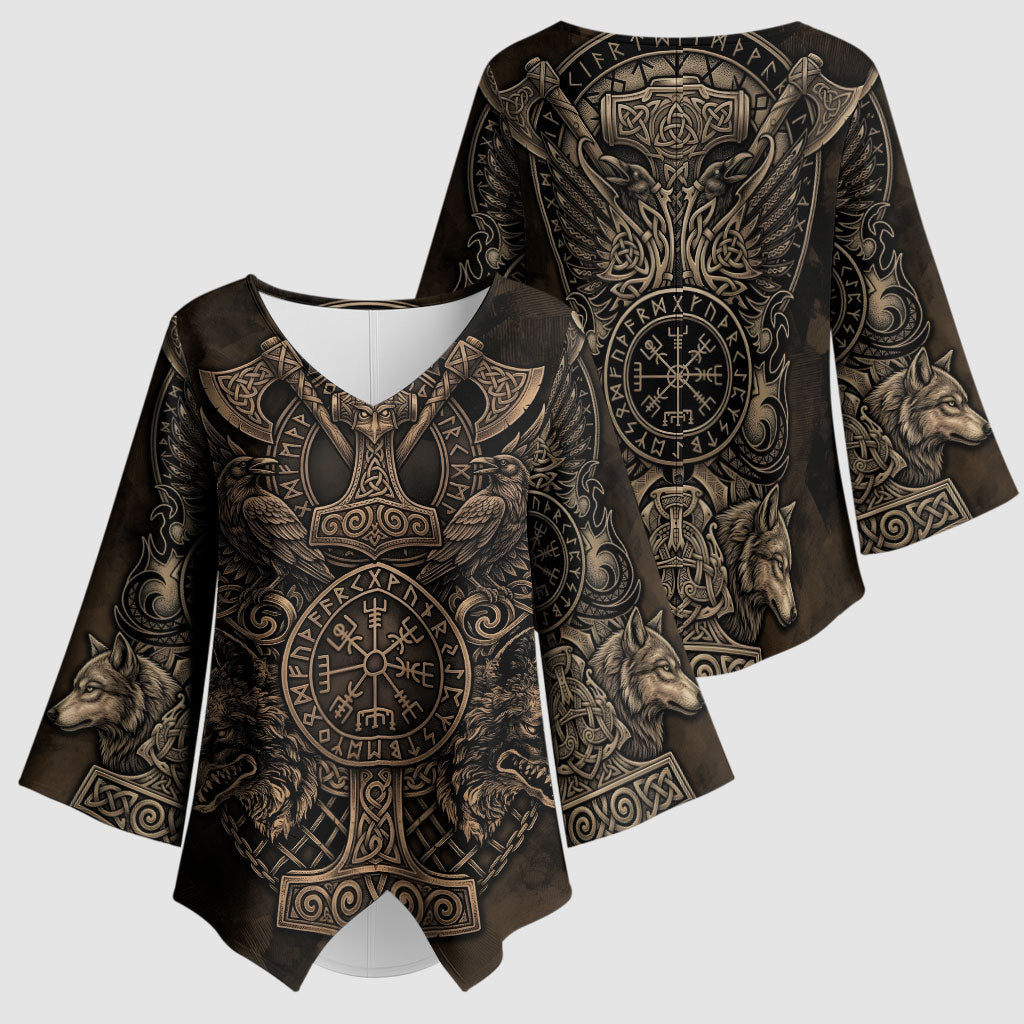 Viking Raven Wolf Vegvisir Kimono Sleeve Blouse Nordic Runic Engraving Style
