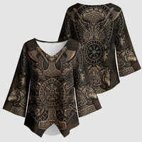 Viking Raven Wolf Vegvisir Kimono Sleeve Blouse Nordic Runic Engraving Style