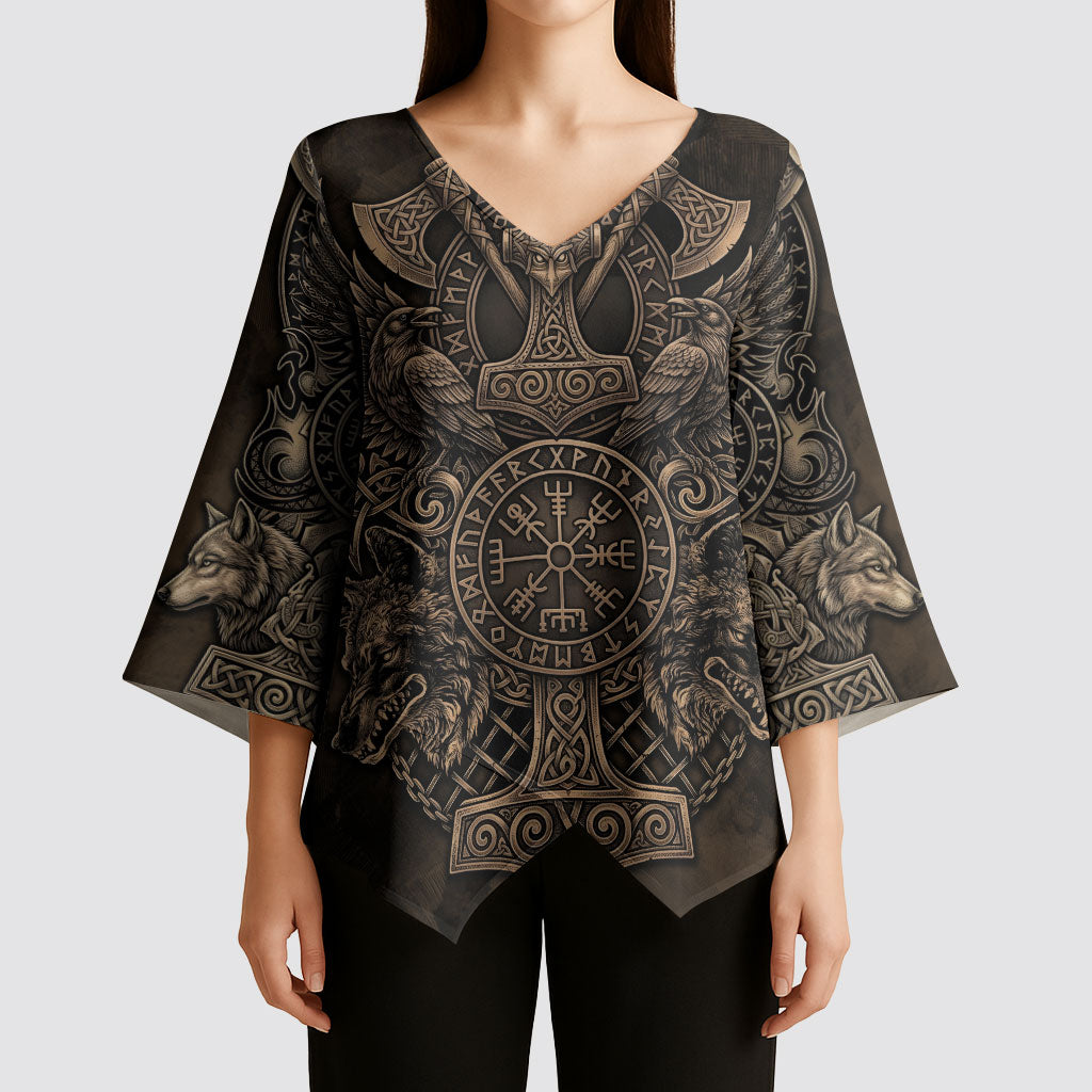 Viking Raven Wolf Vegvisir Kimono Sleeve Blouse Nordic Runic Engraving Style