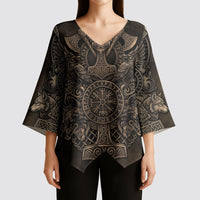 Viking Raven Wolf Vegvisir Kimono Sleeve Blouse Nordic Runic Engraving Style