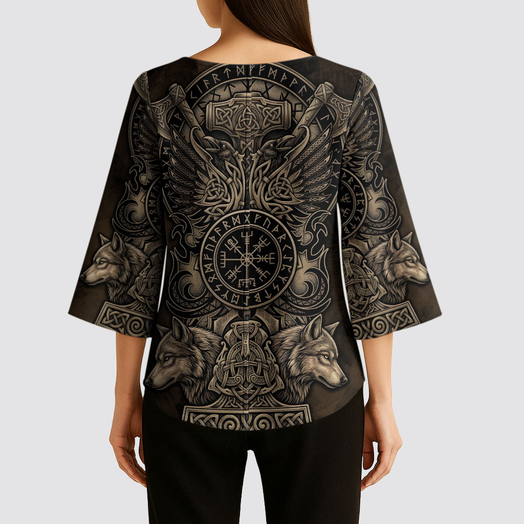Viking Raven Wolf Vegvisir Kimono Sleeve Blouse Nordic Runic Engraving Style