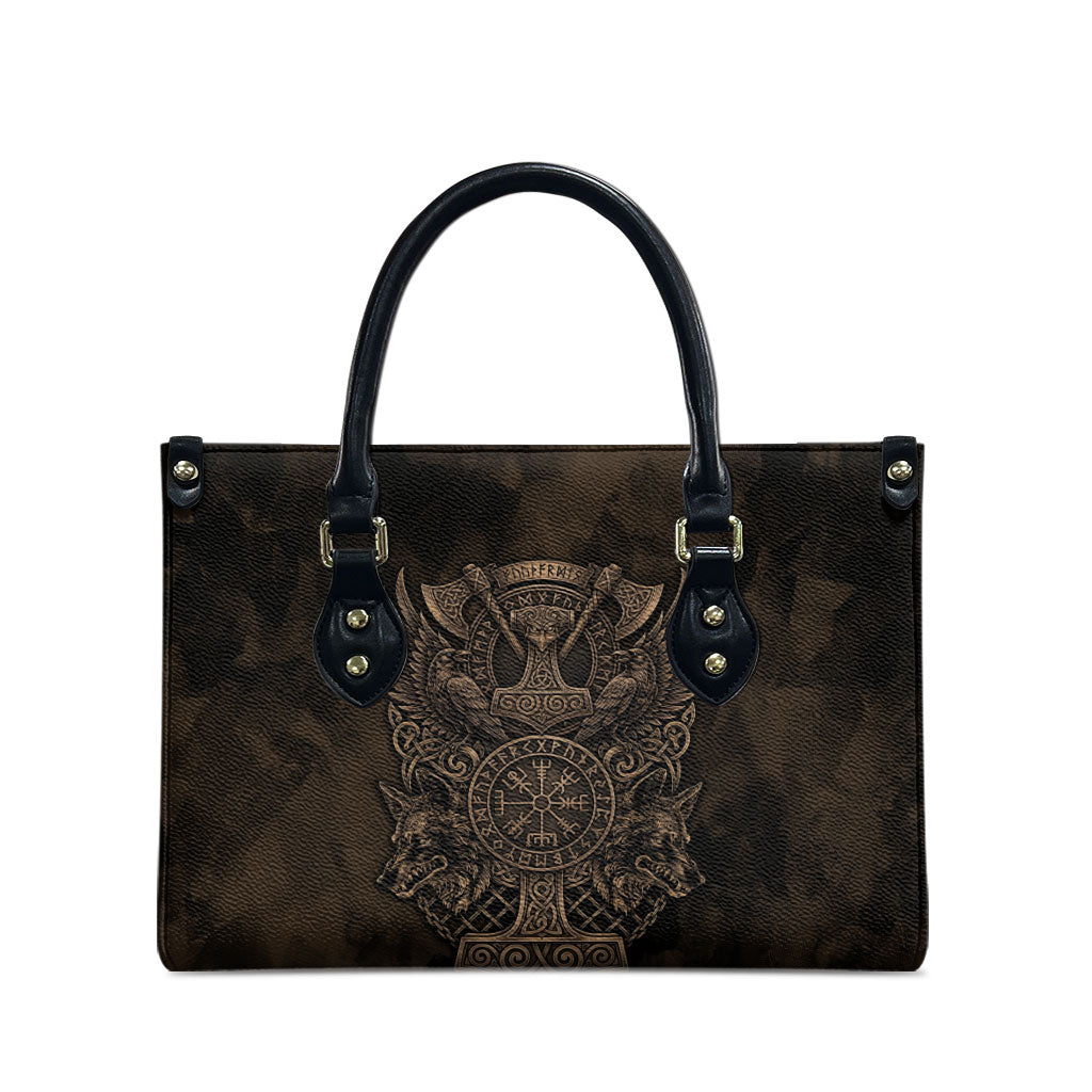 Viking Raven Wolf Vegvisir Leather Bag Nordic Runic Engraving Style
