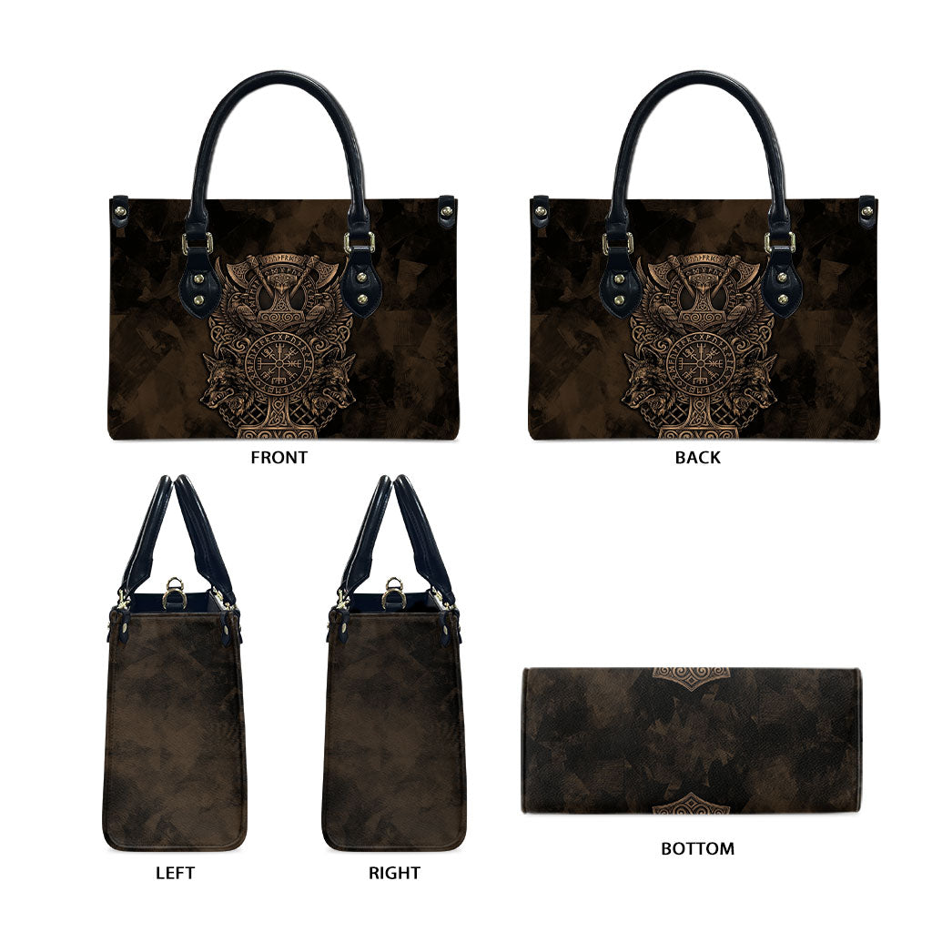 Viking Raven Wolf Vegvisir Leather Bag Nordic Runic Engraving Style