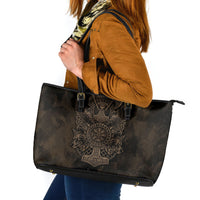 Viking Raven Wolf Vegvisir Leather Tote Bag Nordic Runic Engraving Style