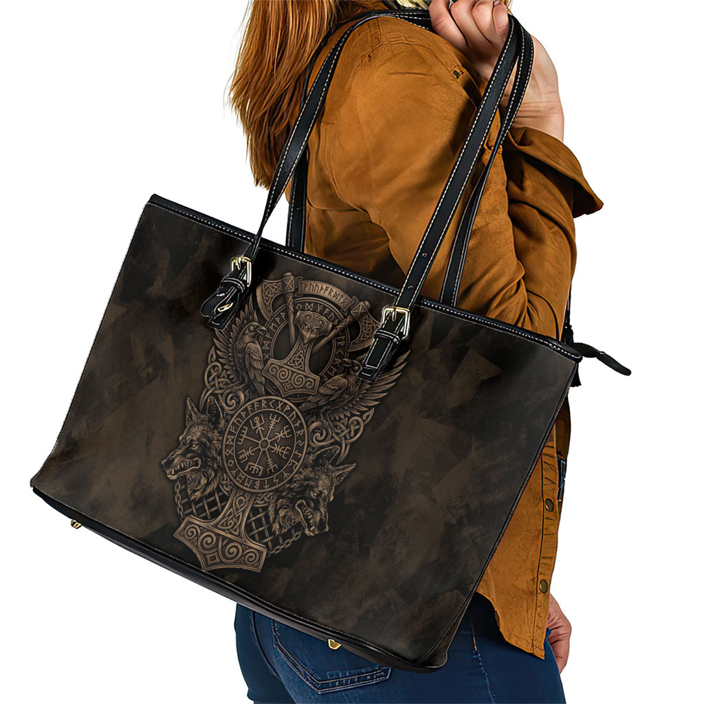 Viking Raven Wolf Vegvisir Leather Tote Bag Nordic Runic Engraving Style