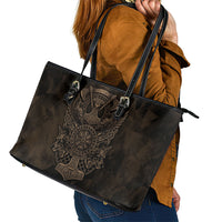 Viking Raven Wolf Vegvisir Leather Tote Bag Nordic Runic Engraving Style