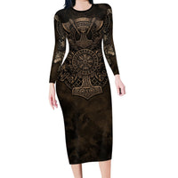 Viking Raven Wolf Vegvisir Long Sleeve Bodycon Dress Nordic Runic Engraving Style