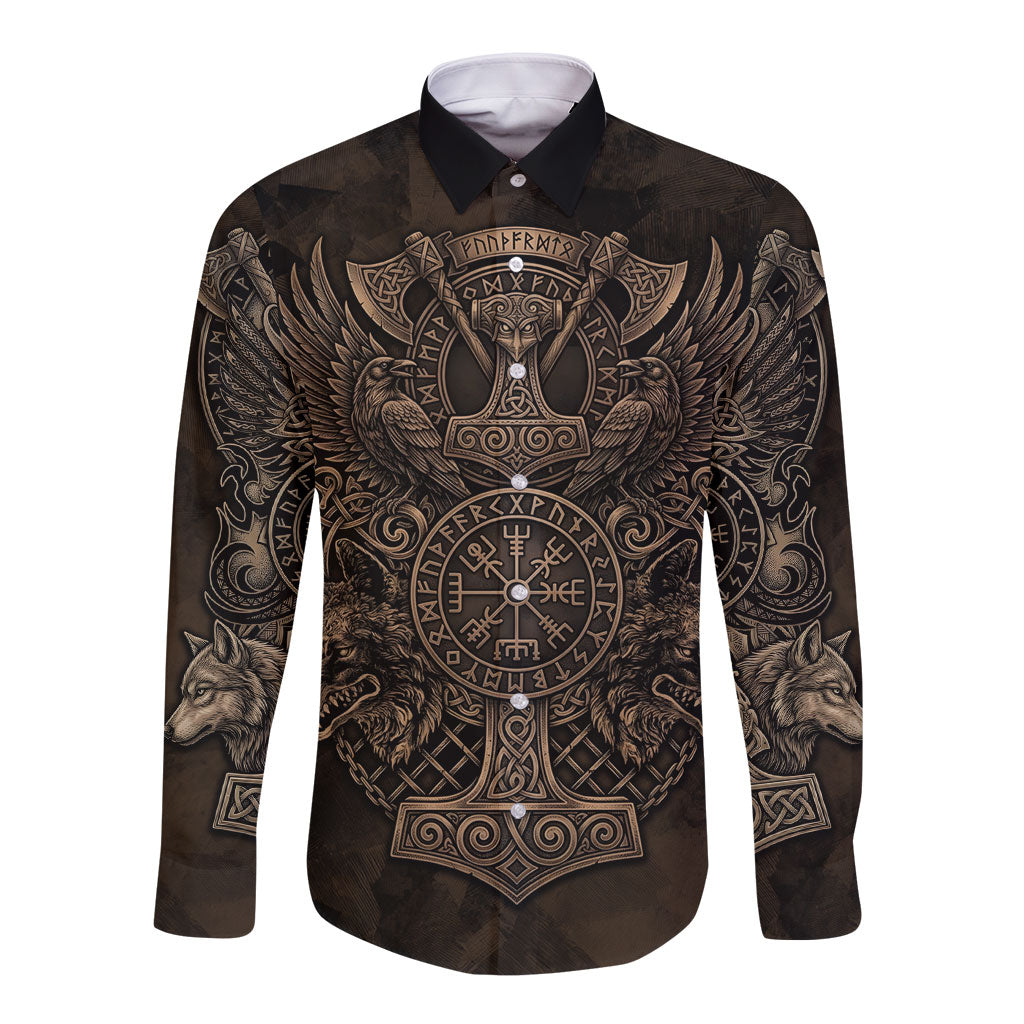 Viking Raven Wolf Vegvisir Long Sleeve Button Shirt Nordic Runic Engraving Style