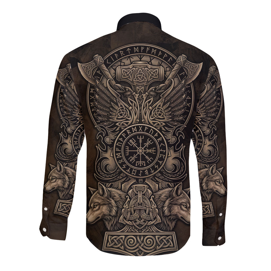 Viking Raven Wolf Vegvisir Long Sleeve Button Shirt Nordic Runic Engraving Style