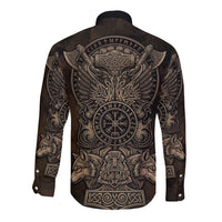 Viking Raven Wolf Vegvisir Long Sleeve Button Shirt Nordic Runic Engraving Style