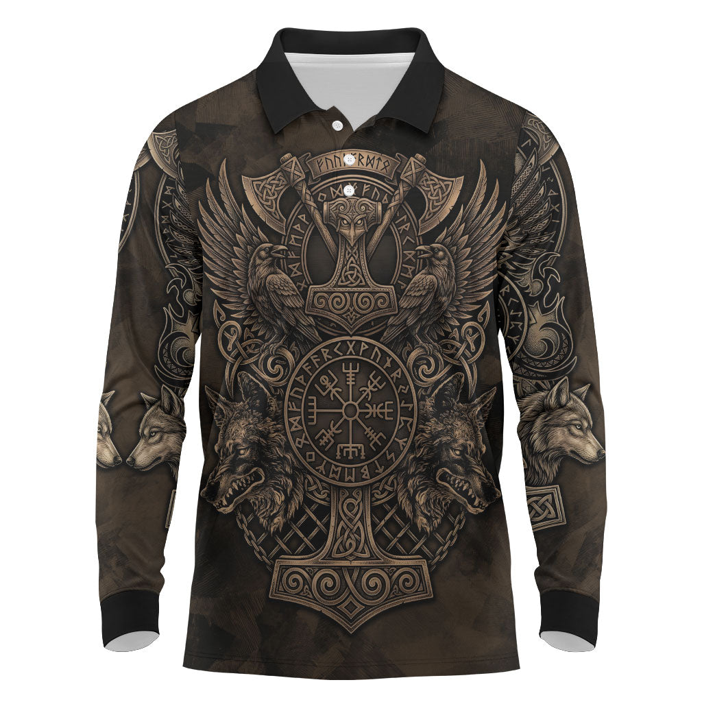 Viking Raven Wolf Vegvisir Long Sleeve Polo Shirt Nordic Runic Engraving Style