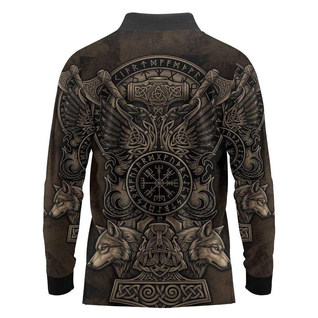 Viking Raven Wolf Vegvisir Long Sleeve Polo Shirt Nordic Runic Engraving Style