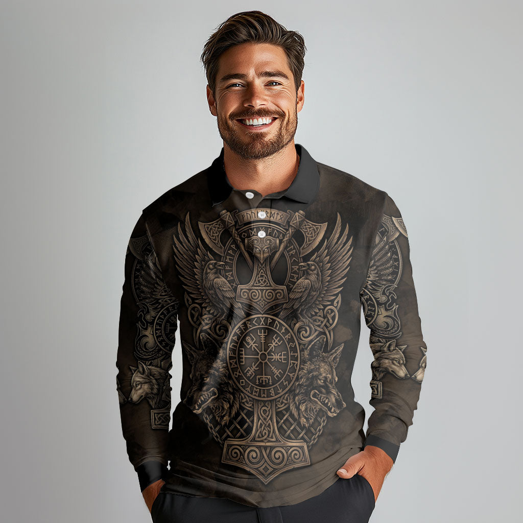Viking Raven Wolf Vegvisir Long Sleeve Polo Shirt Nordic Runic Engraving Style