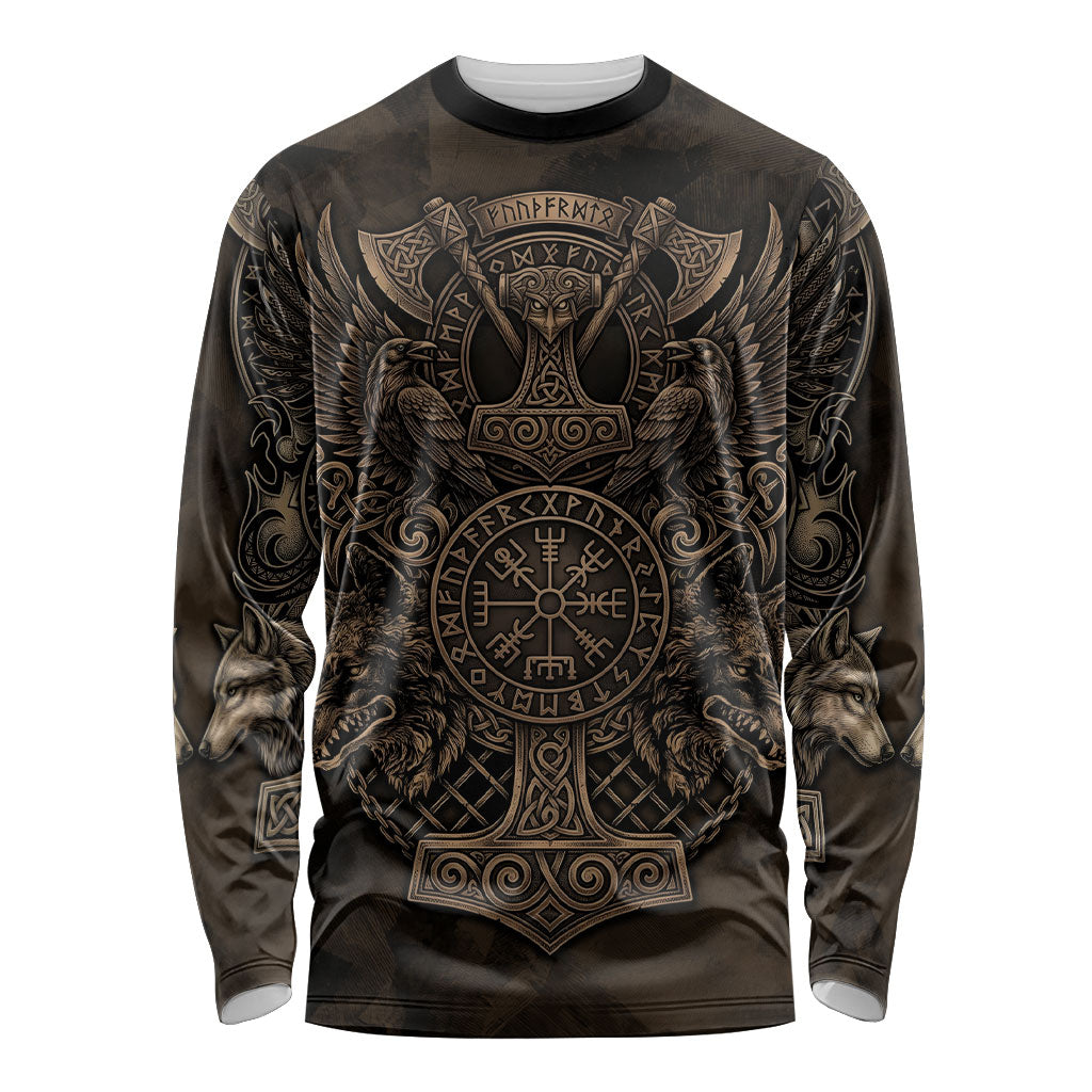 Viking Raven Wolf Vegvisir Long Sleeve Shirt Nordic Runic Engraving Style