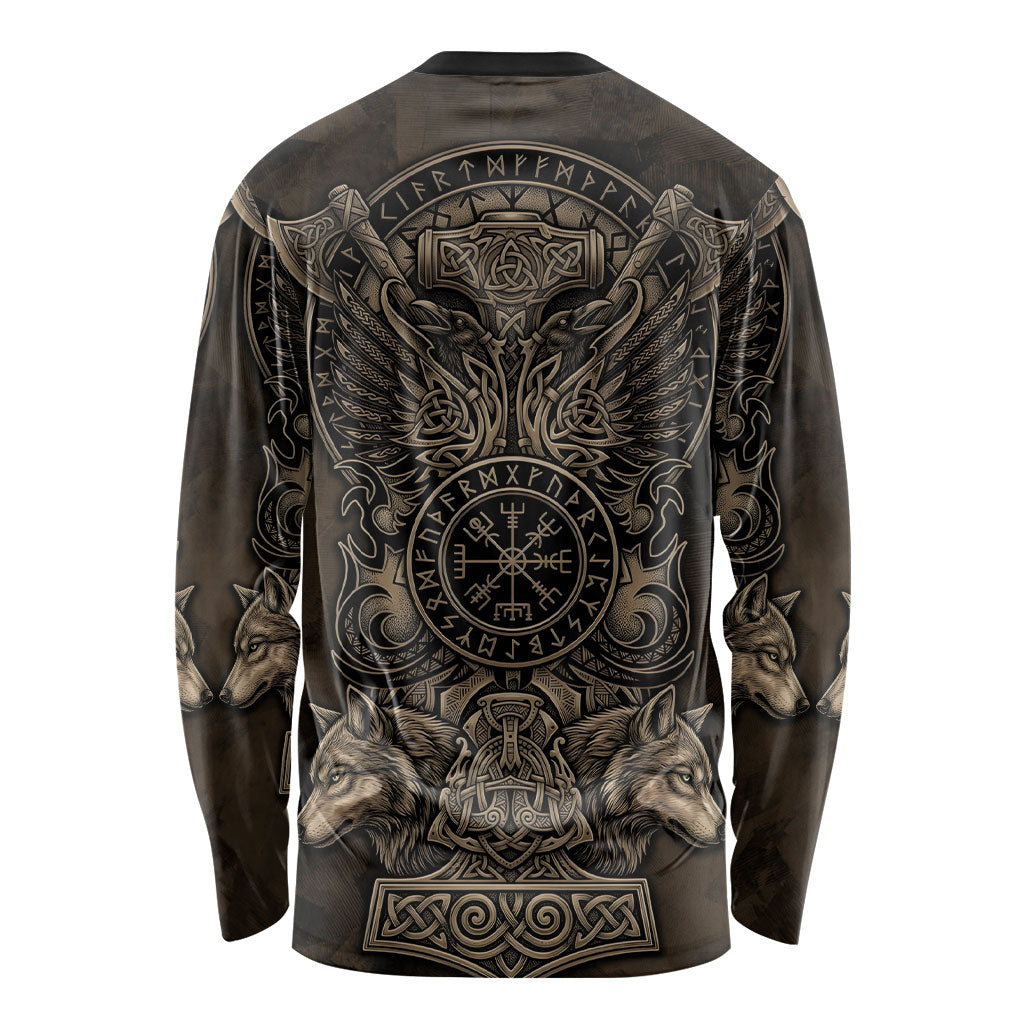 Viking Raven Wolf Vegvisir Long Sleeve Shirt Nordic Runic Engraving Style