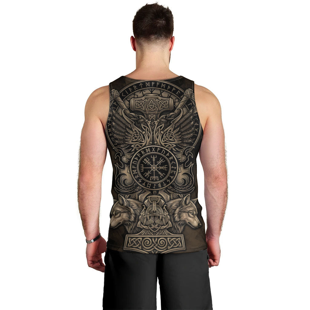 Viking Raven Wolf Vegvisir Men Tank Top Nordic Runic Engraving Style