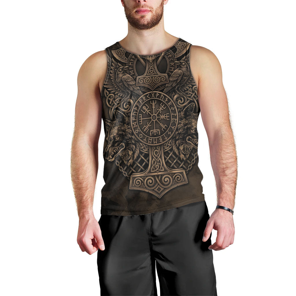 Viking Raven Wolf Vegvisir Men Tank Top Nordic Runic Engraving Style