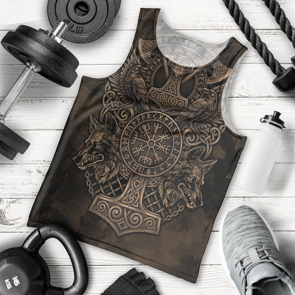 Viking Raven Wolf Vegvisir Men Tank Top Nordic Runic Engraving Style