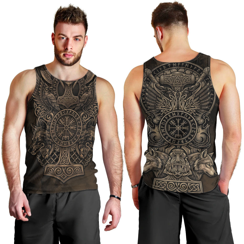 Viking Raven Wolf Vegvisir Men Tank Top Nordic Runic Engraving Style