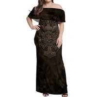 Viking Raven Wolf Vegvisir Off Shoulder Maxi Dress Nordic Runic Engraving Style