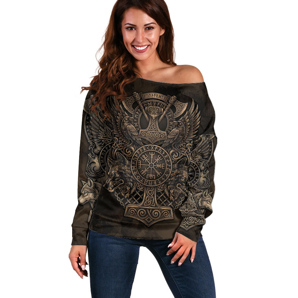 Viking Raven Wolf Vegvisir Off Shoulder Sweater Nordic Runic Engraving Style