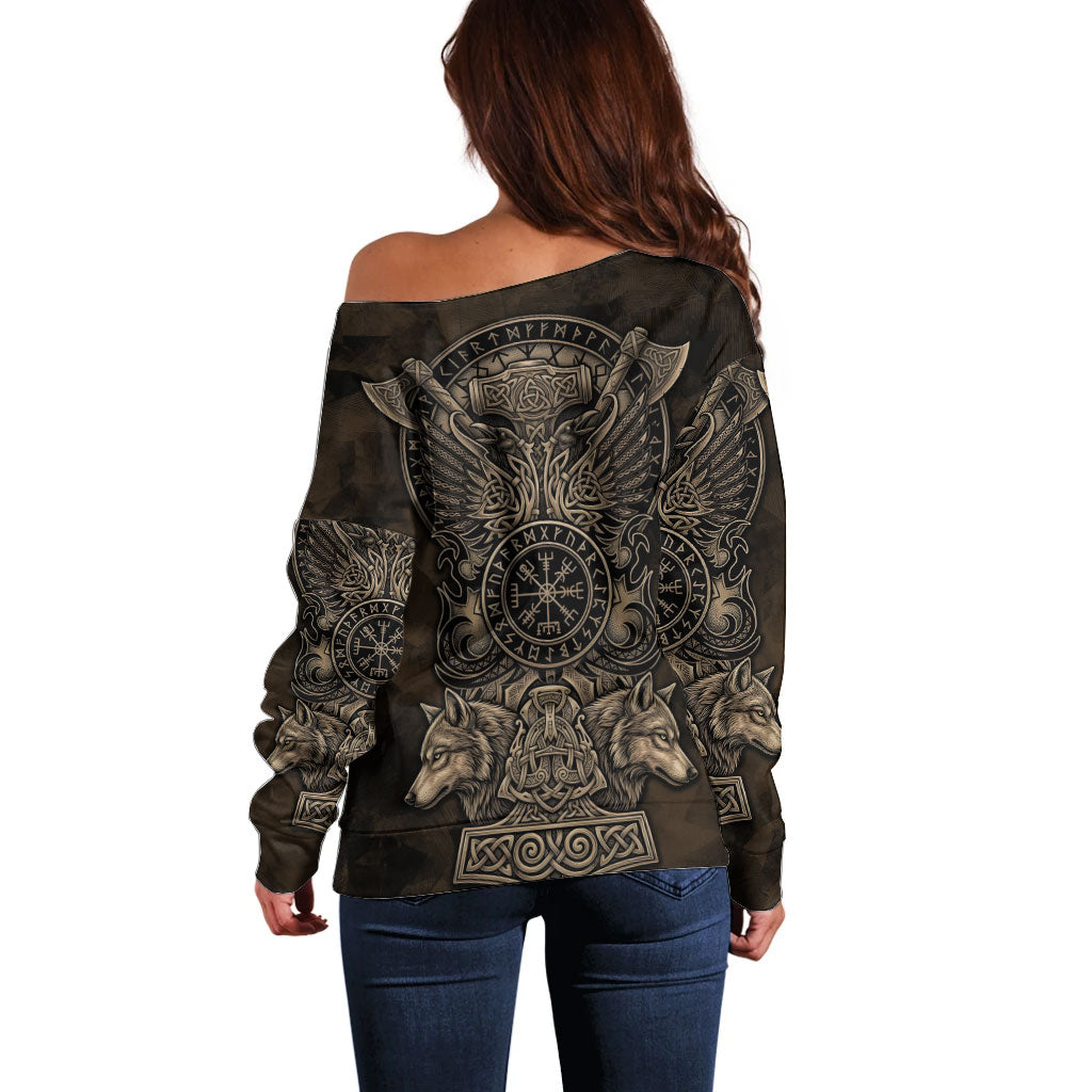 Viking Raven Wolf Vegvisir Off Shoulder Sweater Nordic Runic Engraving Style