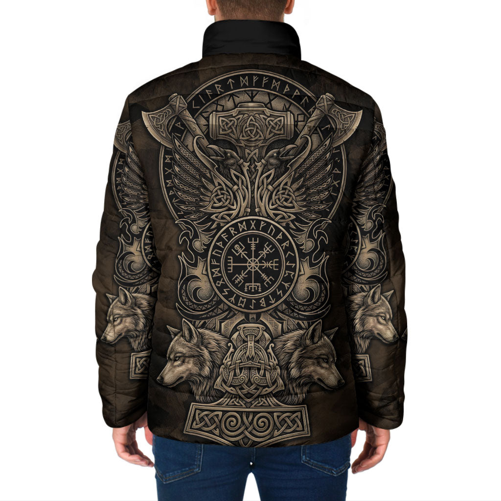 Viking Raven Wolf Vegvisir Padded Jacket Nordic Runic Engraving Style