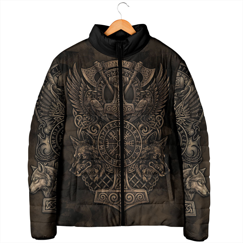 Viking Raven Wolf Vegvisir Padded Jacket Nordic Runic Engraving Style