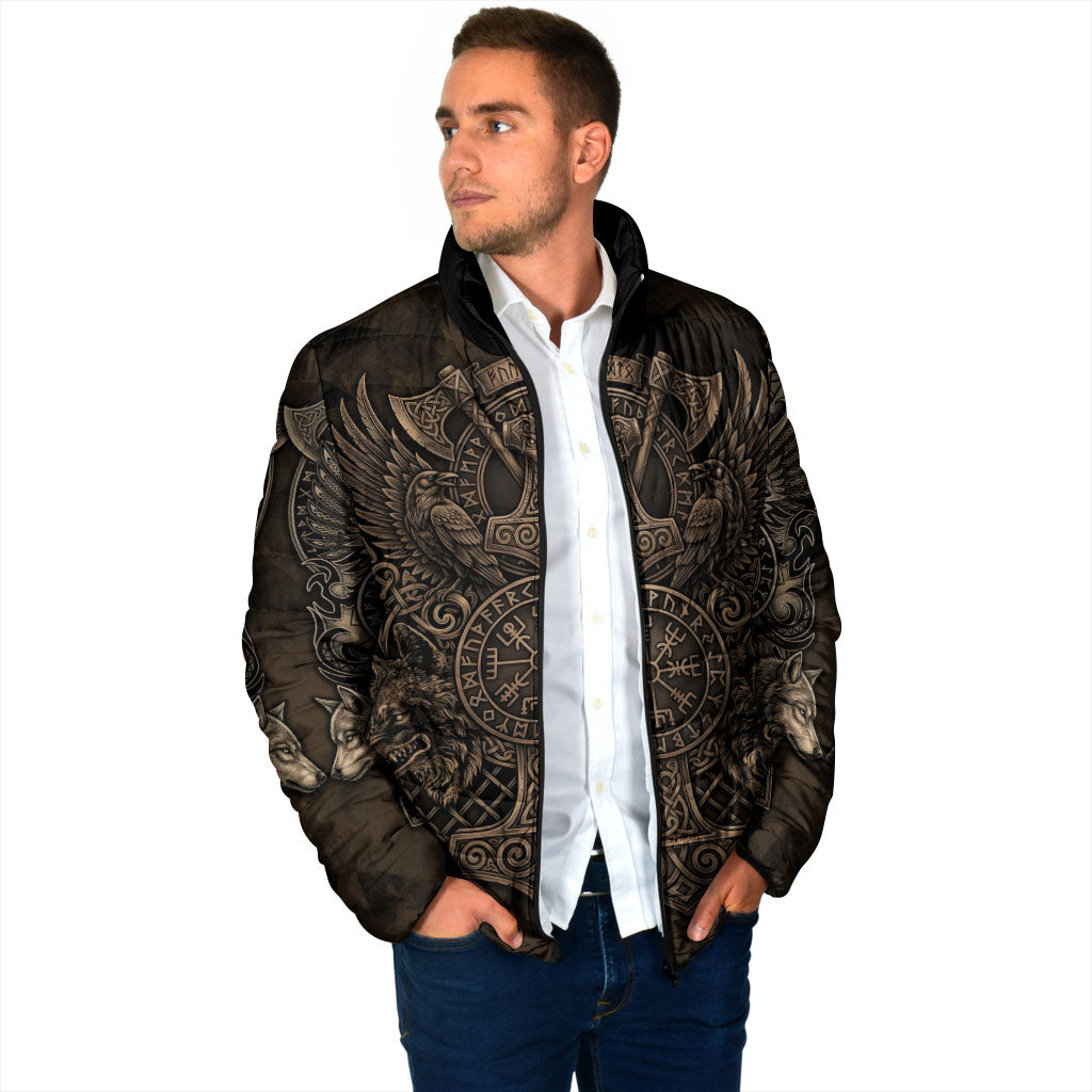 Viking Raven Wolf Vegvisir Padded Jacket Nordic Runic Engraving Style