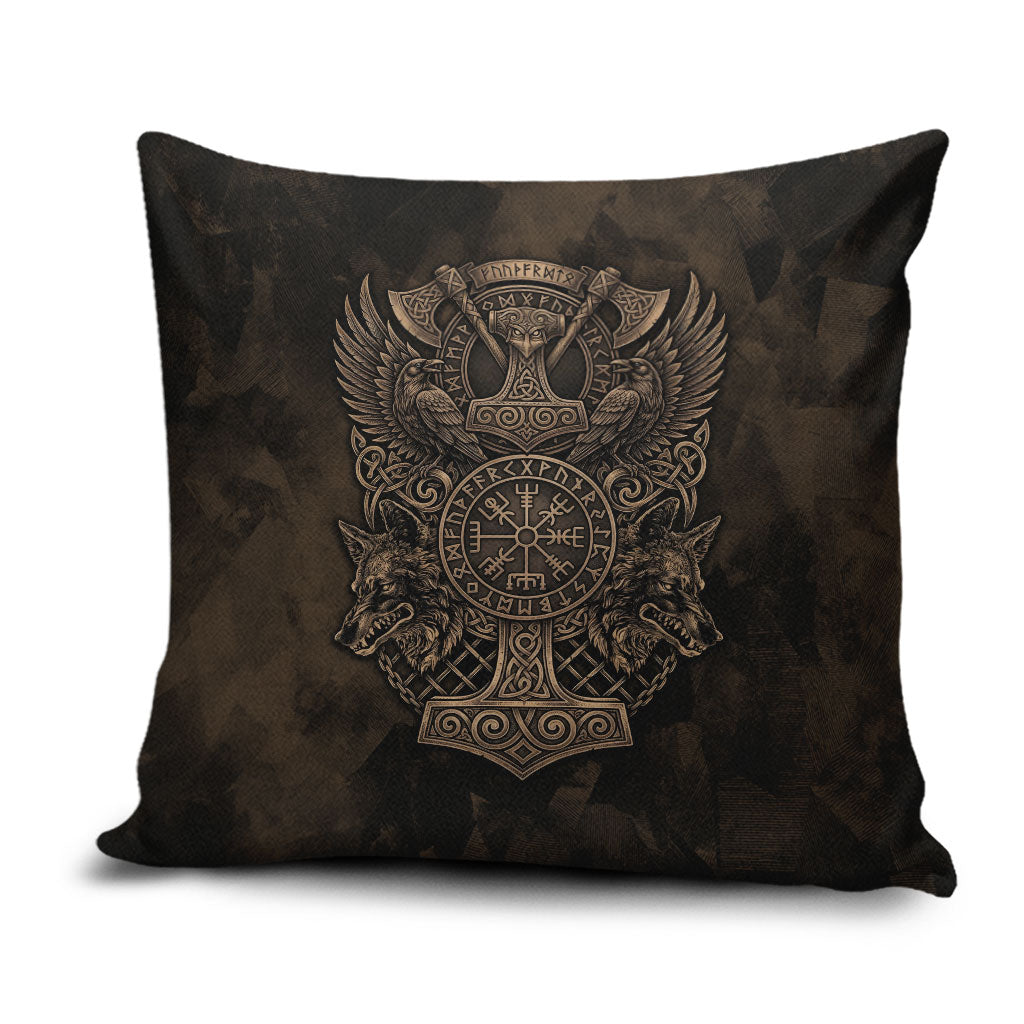 Viking Raven Wolf Vegvisir Pillow Cover Nordic Runic Engraving Style