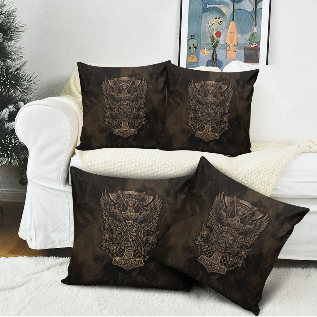 Viking Raven Wolf Vegvisir Pillow Cover Nordic Runic Engraving Style