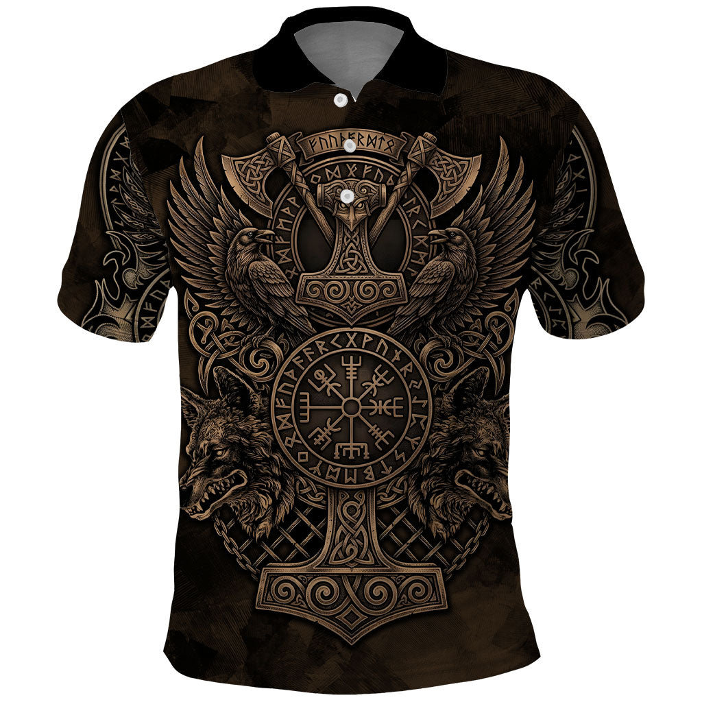 Viking Raven Wolf Vegvisir Polo Shirt Nordic Runic Engraving Style